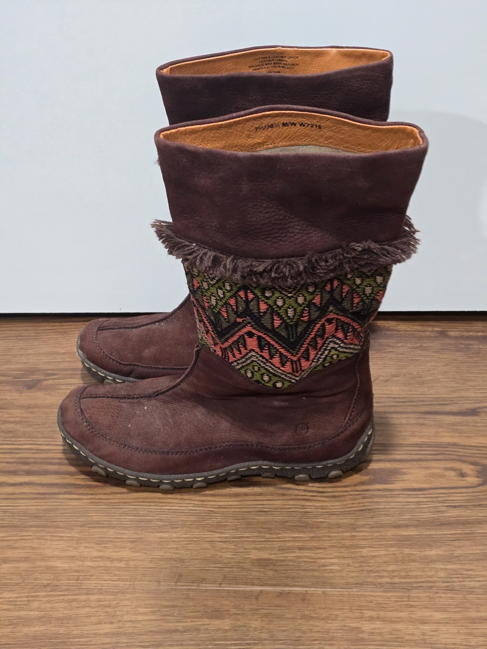 Born Burgundy Suede Mid-Calf Boots with Multicolor Aztec Panel